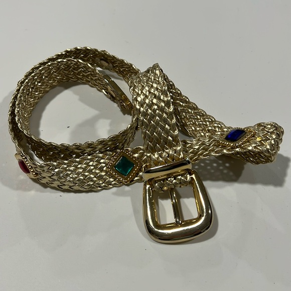 Vintage Accessories - Rainbow Jeweled Belt - gold, woven, 35”, vintage